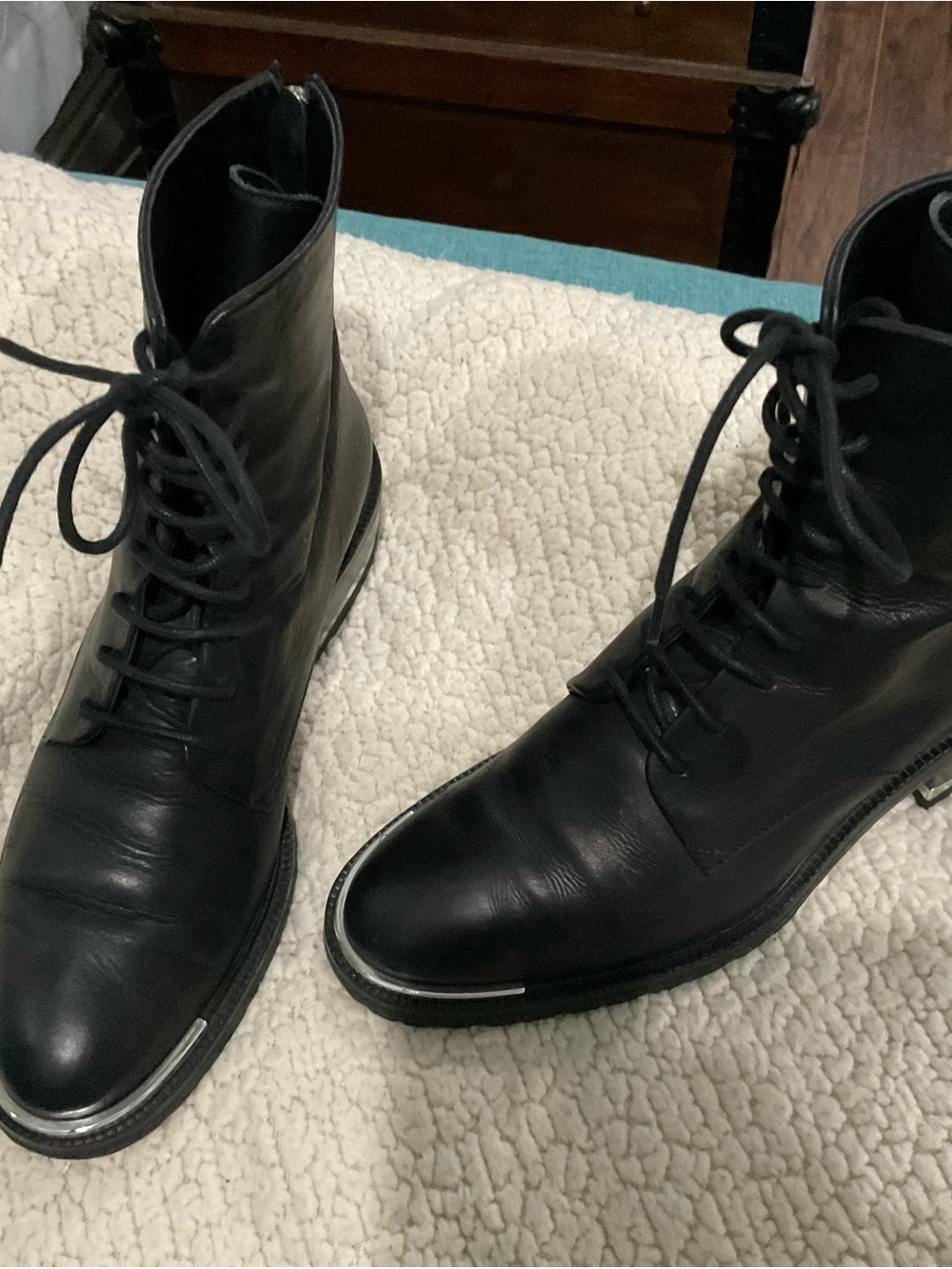 Barbara Bui Black Leather Lace-Up Combat Boots with Silver Toe Trim sz 38.5